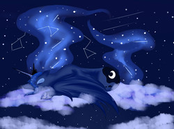 Size: 1609x1197 | Tagged: safe, artist:ruru-h, princess luna, g4, cloud, cloudy, constellation, female, night, prone, sleeping, solo