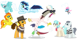 Size: 2161x1108 | Tagged: safe, artist:punzil504, cheese sandwich, coco pommel, discord, fleetfoot, seabreeze, silver shill, soarin', spitfire, breezie, g4, it ain't easy being breezies, leap of faith, pinkie pride, rainbow falls, rarity takes manehattan, twilight's kingdom, female, key six, male, simple background, transparent background, wallpaper, wonderbolts