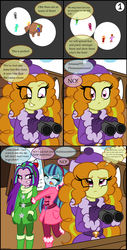 Size: 1472x2888 | Tagged: safe, artist:queentigrel, adagio dazzle, aria blaze, sonata dusk, equestria girls, g4, a dazzling winter, alternate hairstyle, binoculars, clothes, comic, snow, table, the dazzlings, winter, winter outfit