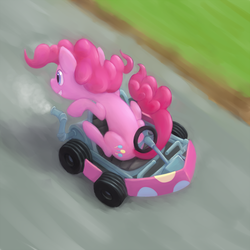 Size: 1000x1000 | Tagged: safe, artist:bistromatic, pinkie pie, earth pony, pony, g4, female, go kart, go-kart, kart, mare, pinkie being pinkie, silly, silly pony, solo, this will end in pain, what could possibly go wrong