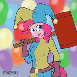 Size: 1000x1000 | Tagged: safe, artist:empyu, pinkie pie, human, g4, 30 minute art challenge, female, humanized, jester, jester pie, mallet, pony coloring, solo, tailed humanization