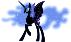 Size: 8197x4872 | Tagged: safe, artist:moongazeponies, nightmare moon, g4, absurd resolution, female, grin, missing accessory, no armor, raised hoof, simple background, smiling, solo, spread wings, transparent background, vector