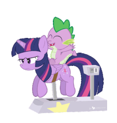 Size: 500x528 | Tagged: safe, artist:dm29, spike, twilight sparkle, alicorn, pony, g4, amusement, animated, disgruntled, duo, female, kiddie ride, mare, simple background, transparent background, twilight sparkle (alicorn), twilight sparkle is not amused, unamused
