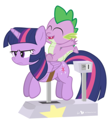 Size: 750x825 | Tagged: safe, artist:dm29, spike, twilight sparkle, alicorn, dragon, pony, g4, dragons riding ponies, duo, female, horse riding, kiddie ride, mare, riding, simple background, spike riding twilight, transparent background, twilight sparkle (alicorn), twilight sparkle is not amused, unamused