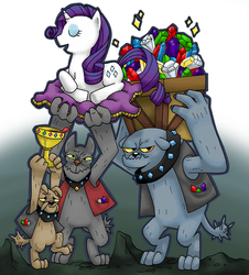 Size: 847x936 | Tagged: safe, artist:fauxboy, fido, rarity, rover, spot, diamond dog, pony, unicorn, g4, cup, cushion, eyes closed, female, gem, goblet, male, mare