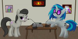 Size: 1280x640 | Tagged: safe, artist:zonra, dj pon-3, octavia melody, vinyl scratch, oc, g4, fanfic, microphone