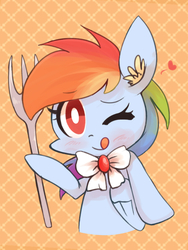 Size: 750x1000 | Tagged: safe, artist:joycall6, rainbow dash, g4, bowtie, ear fluff, female, fork, heart, solo, tongue out, wink