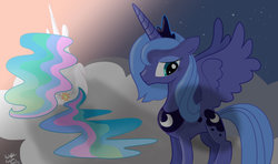 Size: 1024x607 | Tagged: safe, artist:faunafay, princess celestia, princess luna, g4, s1 luna, younger