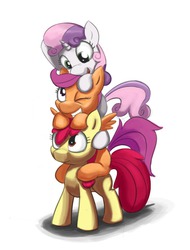 Size: 768x1013 | Tagged: safe, artist:jayzonsketch, apple bloom, scootaloo, sweetie belle, g4, cutie mark crusaders, double riding, ponies riding ponies, ponies riding ponies riding ponies, pony pile, riding, scootaloo riding apple bloom, sweetie belle riding scootaloo, tower of pony