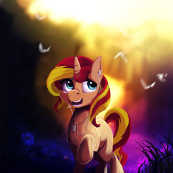 Size: 2000x2000 | Tagged: safe, artist:hierozaki, sunset shimmer, pony, unicorn, g4, earbuds, female, high res, mp3 player, music player, raised hoof, smiling, solo