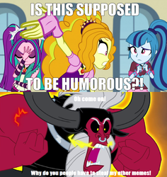 Size: 972x1028 | Tagged: safe, adagio dazzle, aria blaze, lord tirek, sonata dusk, equestria girls, g4, crossing the memes, everyone steals tirek's meme, exploitable meme, is this supposed to be humorous, meme, the dazzlings, tirek is pissed