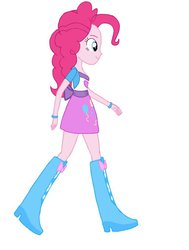 Size: 777x1027 | Tagged: artist needed, safe, pinkie pie, equestria girls, g4, balloon, boots, bracelet, clothes, female, high heel boots, jewelry, shirt, simple background, skirt, smiling, solo, teenager, vest, walking