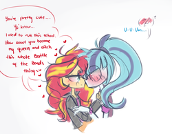 Size: 1254x972 | Tagged: safe, artist:jankrys00, sonata dusk, sunset shimmer, equestria girls, g4, my little pony equestria girls: rainbow rocks, blushing, dialogue, duo, female, lesbian, ship:sunata, shipping, sketch