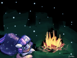 Size: 960x720 | Tagged: dead source, safe, artist:lumineko, twilight sparkle, pony, g4, 30 minute art challenge, campfire, clothes, cold, female, fire, scarf, snow, snowfall, solo