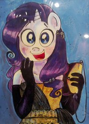 Size: 500x700 | Tagged: safe, artist:technaro, rarity, anthro, g4, blushing, clothes, earring, evening gloves, female, looking at you, purse, smiling, solo