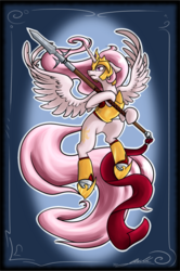 Size: 640x961 | Tagged: safe, artist:ponimichla, princess celestia, g4, armor, female, pink-mane celestia, solo, spear, spread wings, warrior celestia, weapon, younger