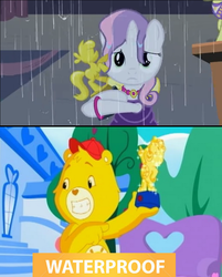 Size: 776x967 | Tagged: safe, sweetie belle, for whom the sweetie belle toils, g4, care bears, care bears adventures of care a lot, comparison, funshine bear, happy, sad, statue