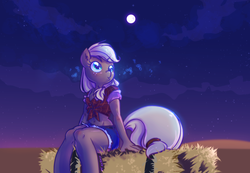 Size: 1164x806 | Tagged: safe, artist:kelsea-chan, applejack, anthro, belly button, clothes, daisy dukes, female, front knot midriff, hay bale, midriff, moon, shirt, solo, whistling