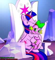Size: 3452x3785 | Tagged: safe, artist:coberlink, artist:norithecat, spike, twilight sparkle, alicorn, pony, g4, twilight's kingdom, blushing, color, cute, cutie mark, duo, female, friendship throne, high res, hug, male, mare, ship:twispike, shipping, spikelove, straight, throne, tongue out, twilight sparkle (alicorn)