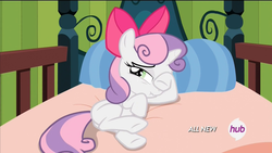 Size: 1600x900 | Tagged: safe, screencap, sweetie belle, pony, unicorn, g4, somepony to watch over me, apple bloom's bow, bow, butt, cute, female, filly, foal, hair bow, plot, scrunchy face, solo