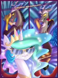 Size: 1700x2288 | Tagged: safe, artist:falleninthedark, discord, princess celestia, alicorn, draconequus, pony, g4, adorasexy, bedroom eyes, body pillow, body pillow design, crown, cute, denied, discute, female, flower in mouth, glasses, jewelry, licking lips, lidded eyes, lip bite, male, mare, regalia, rose, rose in mouth, sexy, ship:dislestia, shipping, signature, straight, stupid sexy discord, text, trollestia