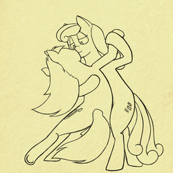 Size: 1322x1322 | Tagged: safe, artist:dryayberg, bon bon, lyra heartstrings, sweetie drops, earth pony, pony, g4, dancing, duo, female, lesbian, lineart, monochrome, ship:lyrabon, shipping