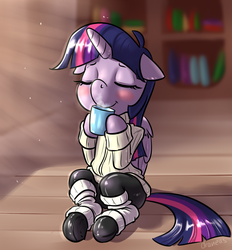Size: 924x996 | Tagged: safe, artist:draneas, twilight sparkle, alicorn, pony, g4, clothes, cup, drinking, female, latex, leg warmers, leggings, mare, mug, pantyhose, sweater, tights, twilight sparkle (alicorn)