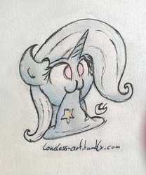 Size: 1280x1538 | Tagged: safe, artist:loneless-art, trixie, pony, unicorn, g4, :3, cute, diatrixes, female, hat, mare, mouth hold, solo, traditional art, trixie's hat