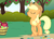 Size: 1502x1080 | Tagged: safe, screencap, applejack, friendship is magic, g4, apple, apple tree, barrel, cowboy hat, eyes closed, female, hat, smiling, solo, stetson, tree