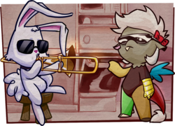 Size: 800x577 | Tagged: safe, artist:az-pekt, discord, oc, raycord legends, g4, chibi, duo, eris, meme, musical instrument, rule 63, sunglasses, trombone, vine video, when mama isn't home, younger