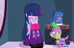 Size: 1412x930 | Tagged: safe, screencap, spike, twilight sparkle, dog, equestria girls, g4, clothes, hindi, india, skirt, spike the dog, tamil, tata sky, television, telugu, upskirt denied