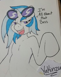 Size: 715x893 | Tagged: safe, artist:yukinzu, dj pon-3, vinyl scratch, g4, all about that bass, female, meghan trainor, solo, song reference, traditional art