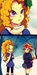 Size: 2222x4444 | Tagged: safe, artist:jacky-bunny, adagio dazzle, sunset shimmer, equestria girls, g4, my little pony equestria girls: rainbow rocks, clothes, comic, female, holly, holly mistaken for mistletoe, lesbian, ship:sunsagio, shipping, skirt, snow, winter