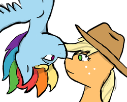 Size: 1500x1200 | Tagged: safe, artist:fiercerainbow, applejack, rainbow dash, g4, eye contact, female, hat, lesbian, ship:appledash, shipping, upside down