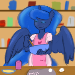 Size: 1000x1000 | Tagged: safe, artist:empyu, princess luna, anthro, g4, cooking, female, solo