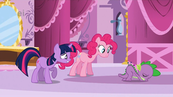 Size: 1680x946 | Tagged: safe, screencap, pinkie pie, spike, twilight sparkle, dragon, earth pony, pony, unicorn, g4, green isn't your color, female, male, mare, out of context, pincushion, pincushion spike, pins, trio, unicorn twilight