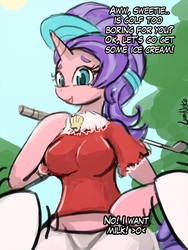 Size: 720x960 | Tagged: safe, artist:lumineko, cookie crumbles, rarity, unicorn, anthro, g4, 30 minute art challenge, arm hooves, breasts, busty cookie crumbles, dialogue, female, filly, golf club, horn, imminent breastfeeding, mother and daughter, offscreen character, pov, younger