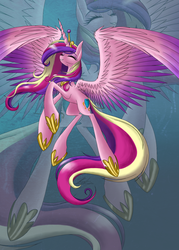 Size: 2000x2800 | Tagged: safe, artist:cloud-dash, princess cadance, alicorn, pony, g4, big hooves, concave belly, crown, eyes closed, female, flying, high res, hoof shoes, horn, jewelry, large wings, long horn, long legs, long mane, long tail, mare, partially open wings, peytral, princess shoes, regalia, slender, smiling, solo, tail, thin, windswept mane, wings