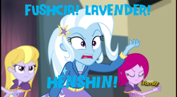 Size: 1241x682 | Tagged: safe, edit, screencap, fuchsia blush, lavender lace, trixie, equestria girls, g4, my little pony equestria girls: rainbow rocks, background human, blue text, henshin, image macro, kamen rider, meme, misspelling, trixie yells at everything