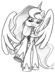 Size: 2264x3020 | Tagged: safe, artist:uminanimu, princess luna, g4, :3, female, high res, looking at you, looking down, monochrome, raised hoof, smiling, solo, spread wings