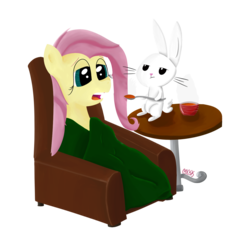 Size: 1280x1261 | Tagged: dead source, safe, artist:cylosis, angel bunny, fluttershy, g4, blanket, sick, simple background, soup, transparent background