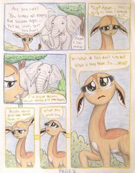 Size: 792x1009 | Tagged: safe, artist:thefriendlyelephant, oc, oc only, oc:nuk, oc:obi, antelope, elephant, gerenuk, comic:friends of all sizes, animal in mlp form, big ears, big eyes, bush, cute, duo, floppy ears, frown, looking down, looking up, raised hoof, sad, sky, traditional art, tree, worried