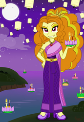 Size: 4400x6400 | Tagged: safe, artist:doragoon, adagio dazzle, oc, equestria girls, g4, absurd resolution, beautiful, candle, clothes, dress, female, joss stick, loi krathong, lotus (flower), moon, night, river, sky lantern, smiling, smirk, solo, thai, thailand