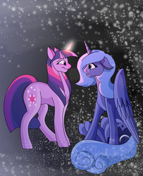 Size: 900x1110 | Tagged: dead source, safe, artist:100yearslater, princess luna, twilight sparkle, alicorn, pony, unicorn, g4, closed mouth, cosmic love, duo, ears back, female, folded wings, glowing, glowing horn, horn, lesbian, looking at each other, looking at someone, mare, s1 luna, ship:twiluna, shipping, sitting, smiling, standing, unicorn twilight, wings