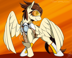 Size: 1024x819 | Tagged: safe, artist:tlatophat, pegasus, pony, bomber jacket, clothes, ear fluff, female, goggles, grin, jacket, looking back, mare, overwatch, ponified, raised hoof, smiling, solo, tracer