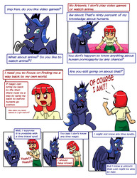 Size: 1275x1650 | Tagged: safe, artist:redanon, princess luna, oc, oc:anon, oc:femanon, g4, comic, controller, femanon in malequestria, front view, prince artemis, rule 63