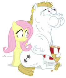 Size: 840x990 | Tagged: safe, artist:dm29, bulk biceps, fluttershy, g4, apple fritter (food), chubby cheeks, duo, implied flutterbulk, popcorn, secret shame, simple background, transparent background, vein