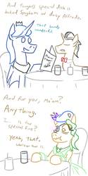 Size: 800x1600 | Tagged: safe, artist:jargon scott, princess luna, oc, oc:baroness, g4, comic, diner, nervous, prince artemis, restaurant, rule 63, waiter