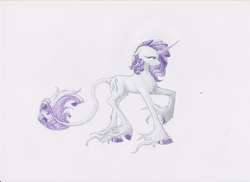 Size: 1280x931 | Tagged: safe, artist:thatonegib, rarity, classical unicorn, g4, female, horn, leonine tail, solo, traditional art, unshorn fetlocks