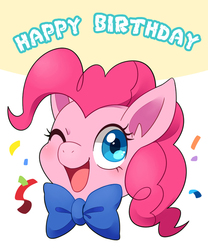 Size: 649x780 | Tagged: safe, artist:tomato mameta, pinkie pie, g4, bowtie, cute, diapinkes, female, happy birthday, one eye closed, open mouth, solo, wink